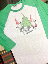 O Christmas Tree Holiday Gnomes on a raglan shirt