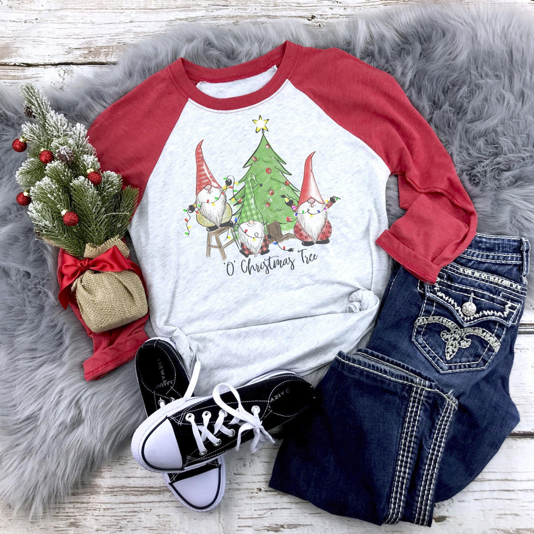 O Christmas Tree Holiday Gnomes - Red Raglan