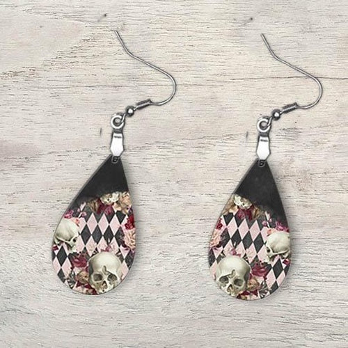 Floral Skull Pink and Black Earrings