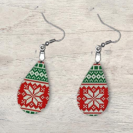 Ugly Sweater Snowflake Green and Red Holiday Earrings