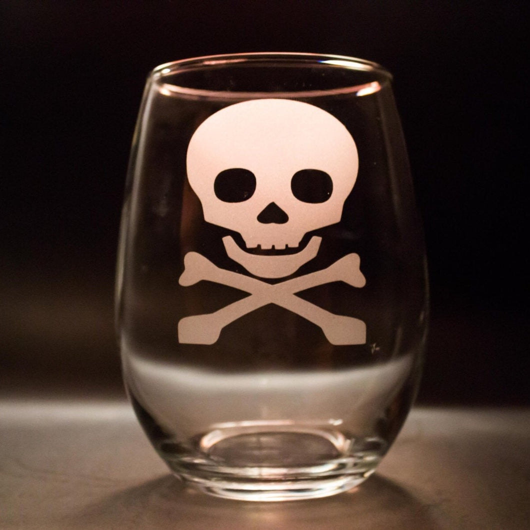 skull and bones etched stemless wine glass 